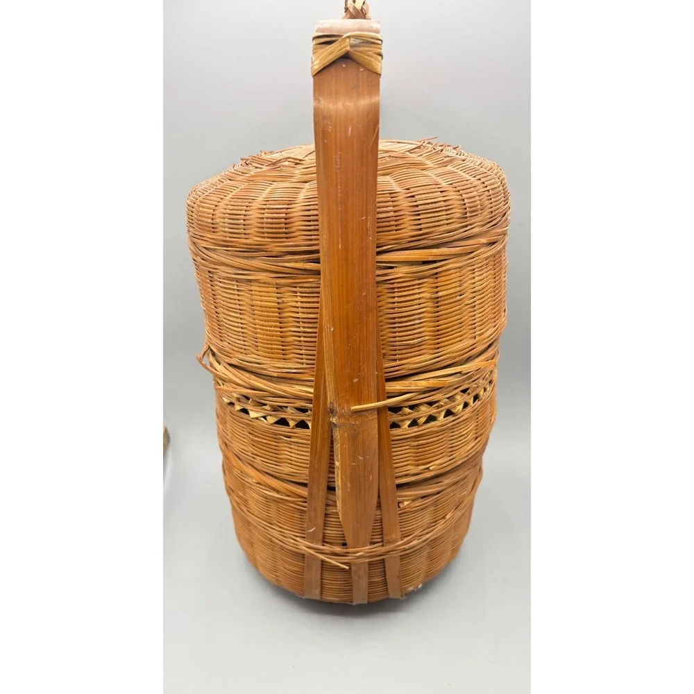 Vintage Chinese Wedding Basket 3 Tier‎ Woven Bamboo Wicker Tiffin Carrier 15
